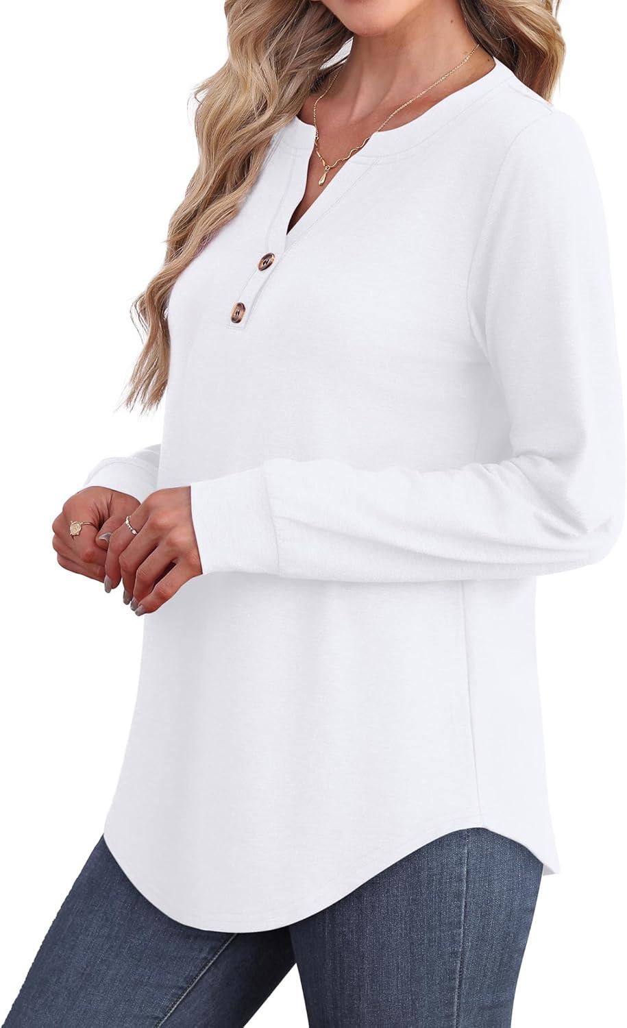 imageXIEERDUO Womens Long Sleeve Shirts Fall Tunic Tops Henley V Neck Blouses Dressy Casual 2025 Winter Trendy ClothesAwhite