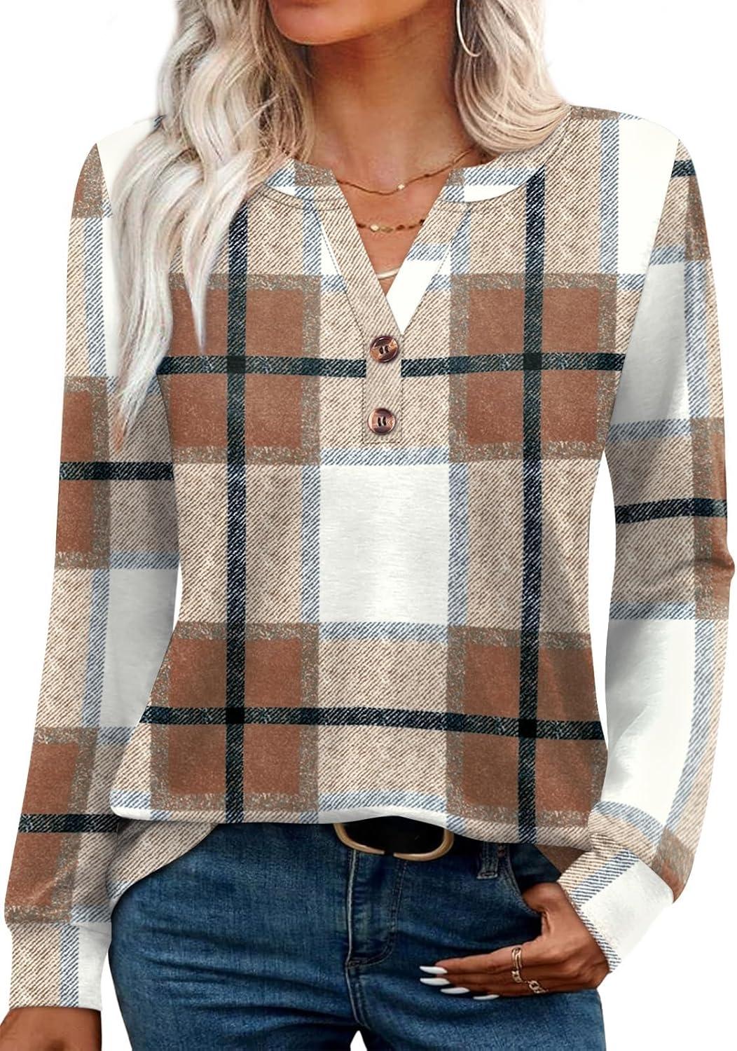 imageXIEERDUO Womens Long Sleeve Shirts Fall Tunic Tops Henley V Neck Blouses Dressy Casual 2025 Winter Trendy ClothesFbrown Grid