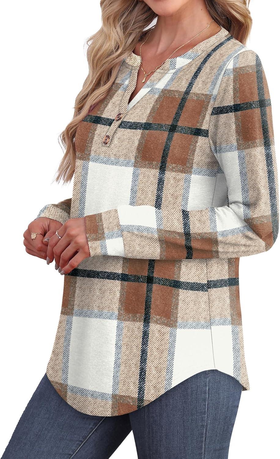 imageXIEERDUO Womens Long Sleeve Shirts Fall Tunic Tops Henley V Neck Blouses Dressy Casual 2025 Winter Trendy ClothesFbrown Grid