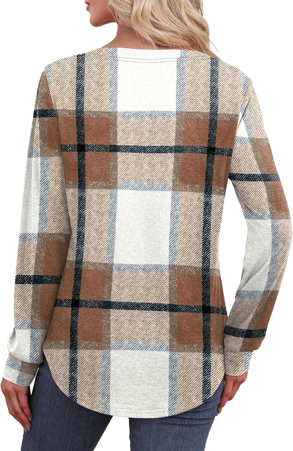 imageXIEERDUO Womens Long Sleeve Shirts Fall Tunic Tops Henley V Neck Blouses Dressy Casual 2025 Winter Trendy ClothesFbrown Grid