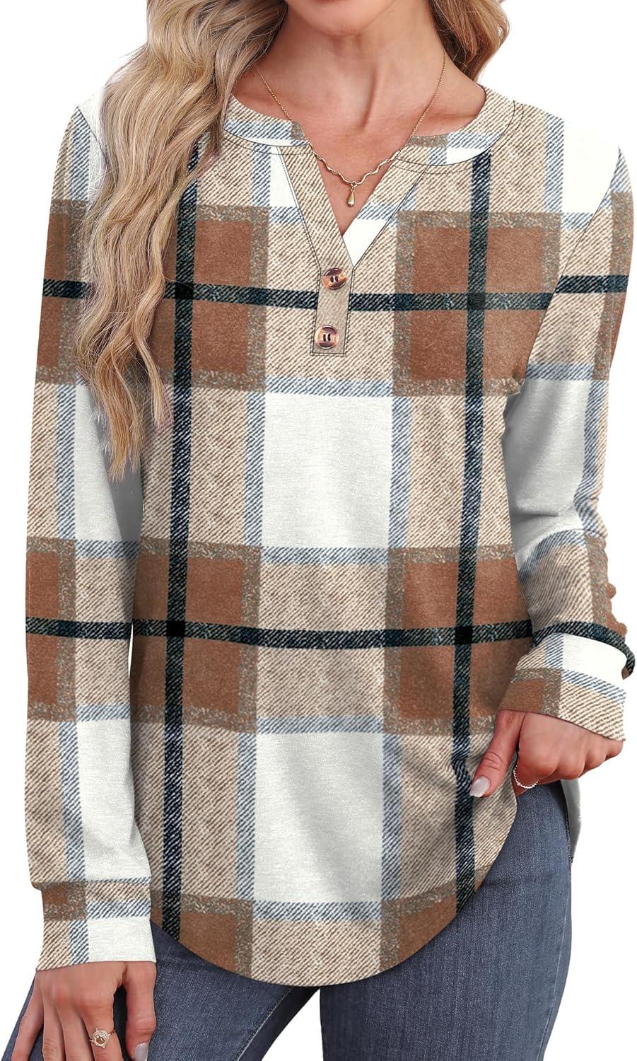 imageXIEERDUO Womens Long Sleeve Shirts Fall Tunic Tops Henley V Neck Blouses Dressy Casual 2025 Winter Trendy ClothesFbrown Grid
