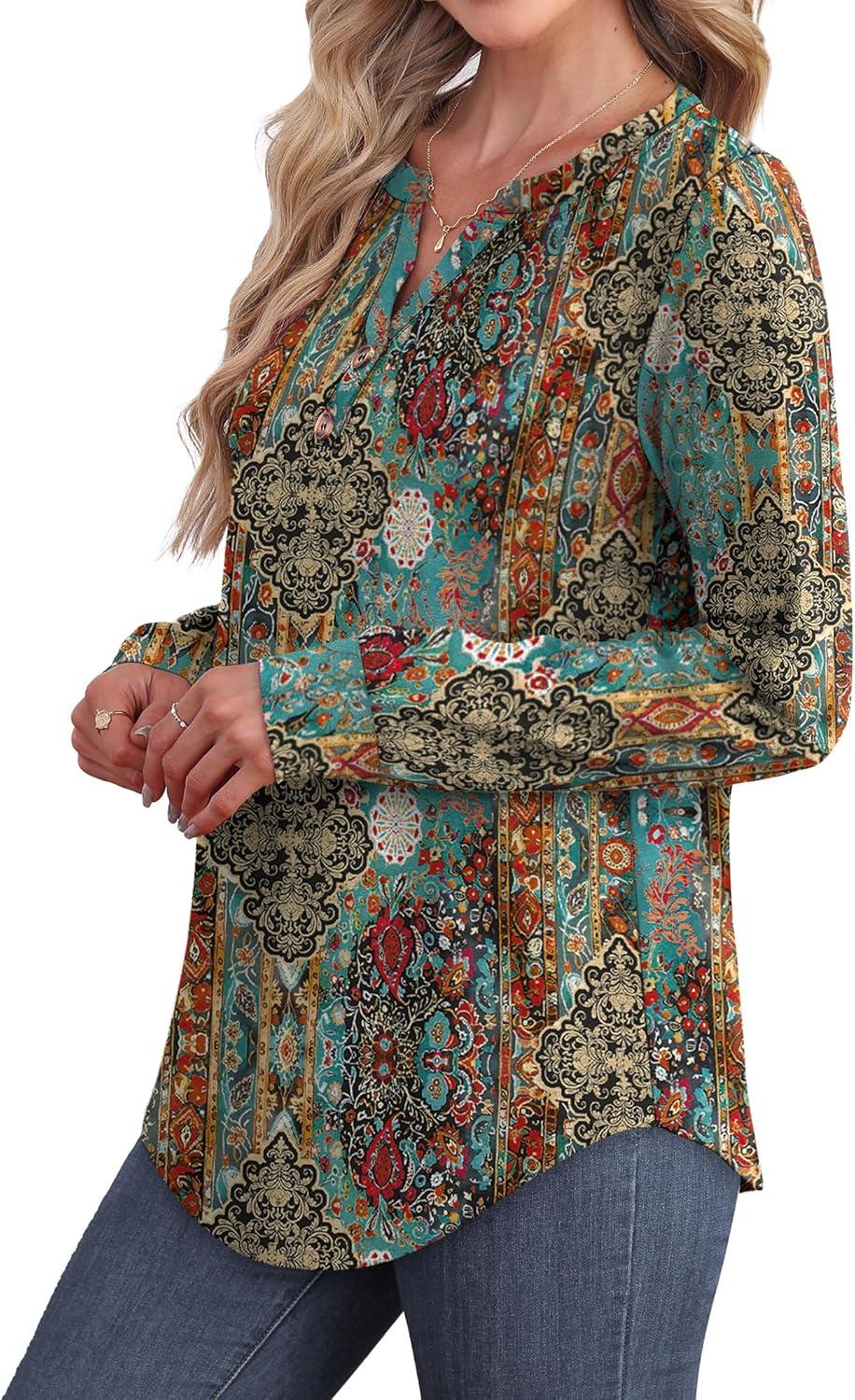 imageXIEERDUO Womens Long Sleeve Shirts Fall Tunic Tops Henley V Neck Blouses Dressy Casual 2025 Winter Trendy ClothesFvintage Boho