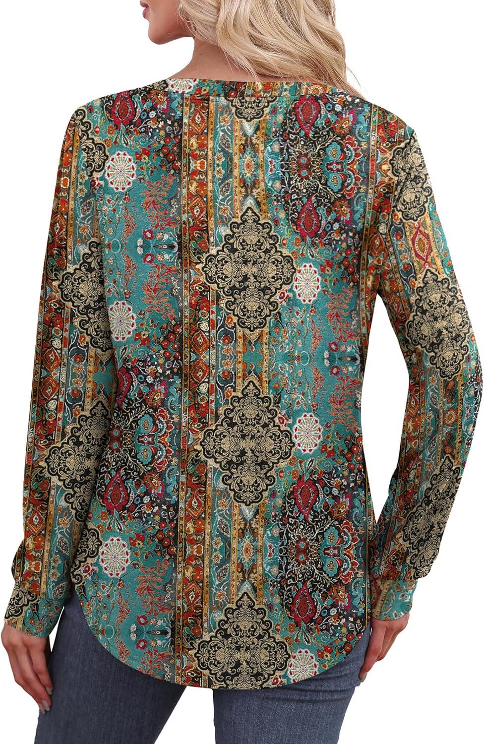 imageXIEERDUO Womens Long Sleeve Shirts Fall Tunic Tops Henley V Neck Blouses Dressy Casual 2025 Winter Trendy ClothesFvintage Boho