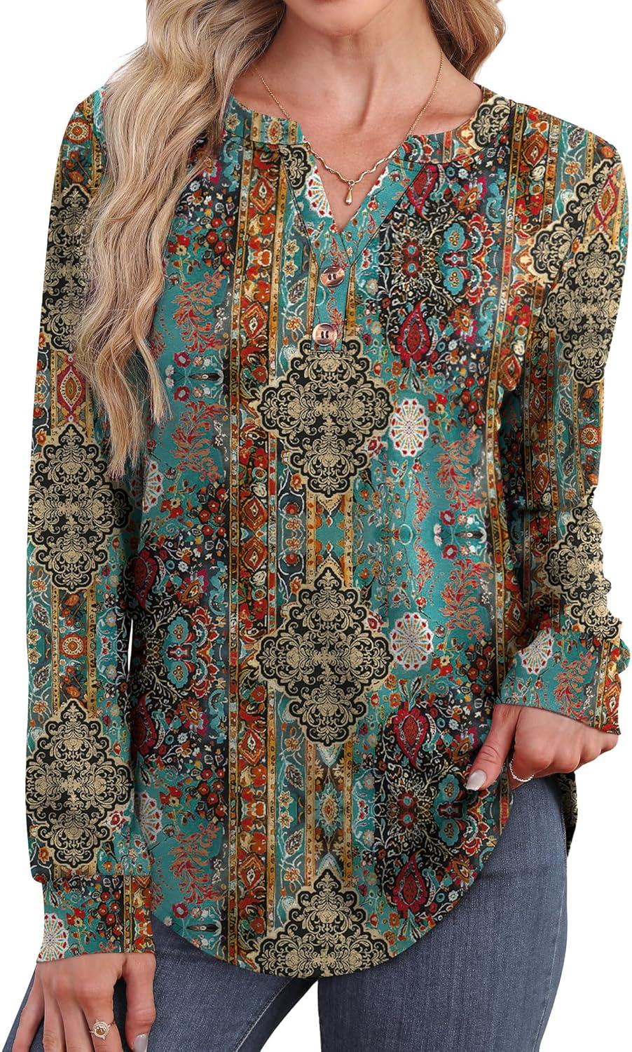 imageXIEERDUO Womens Long Sleeve Shirts Fall Tunic Tops Henley V Neck Blouses Dressy Casual 2025 Winter Trendy ClothesFvintage Boho