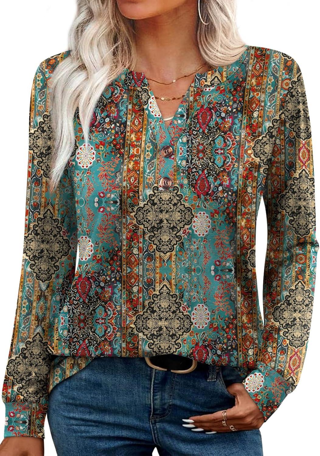 imageXIEERDUO Womens Long Sleeve Shirts Fall Tunic Tops Henley V Neck Blouses Dressy Casual 2025 Winter Trendy ClothesFvintage Boho