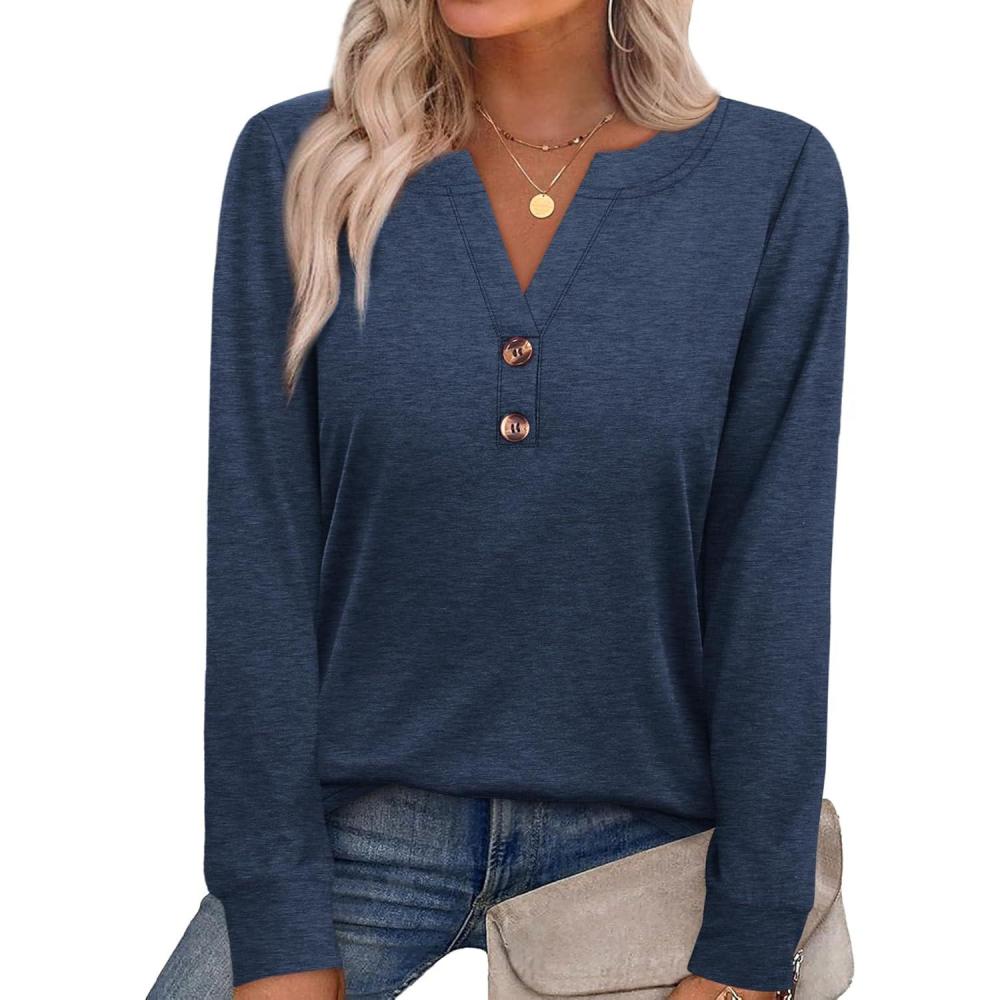 imageXIEERDUO Womens Long Sleeve Shirts Fall Tunic Tops Henley V Neck Blouses Dressy Casual 2025 Winter Trendy ClothesAblue