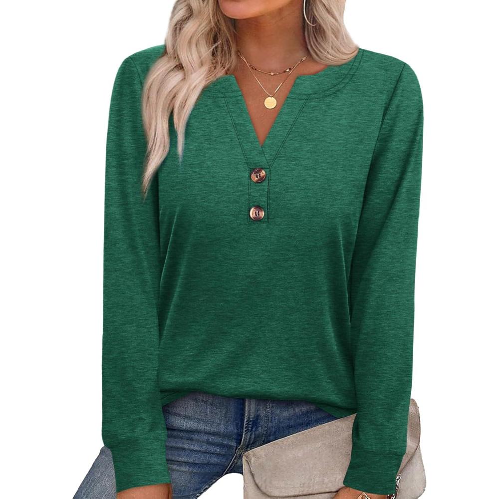 imageXIEERDUO Womens Long Sleeve Shirts Fall Tunic Tops Henley V Neck Blouses Dressy Casual 2025 Winter Trendy ClothesAgreen
