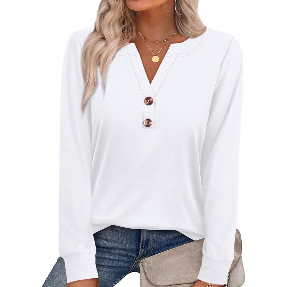imageXIEERDUO Womens Long Sleeve Shirts Fall Tunic Tops Henley V Neck Blouses Dressy Casual 2025 Winter Trendy ClothesAwhite