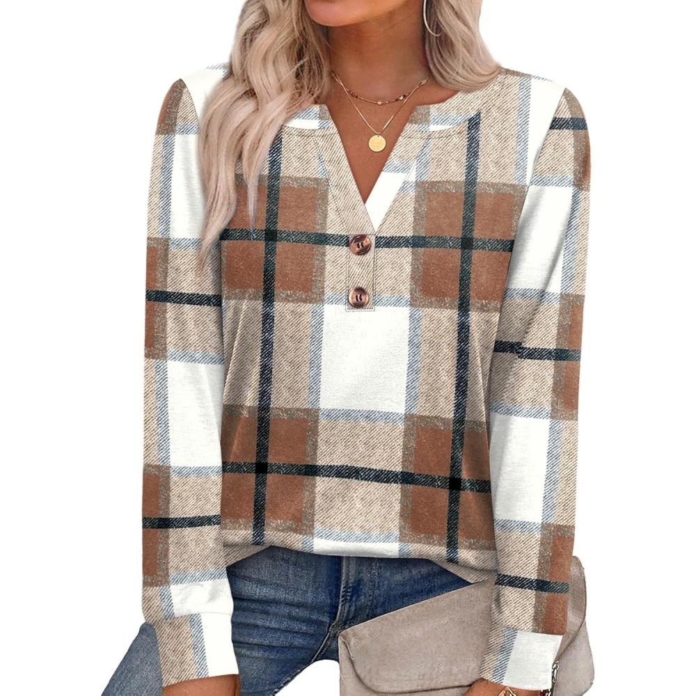 imageXIEERDUO Womens Long Sleeve Shirts Fall Tunic Tops Henley V Neck Blouses Dressy Casual 2025 Winter Trendy ClothesFbrown Grid