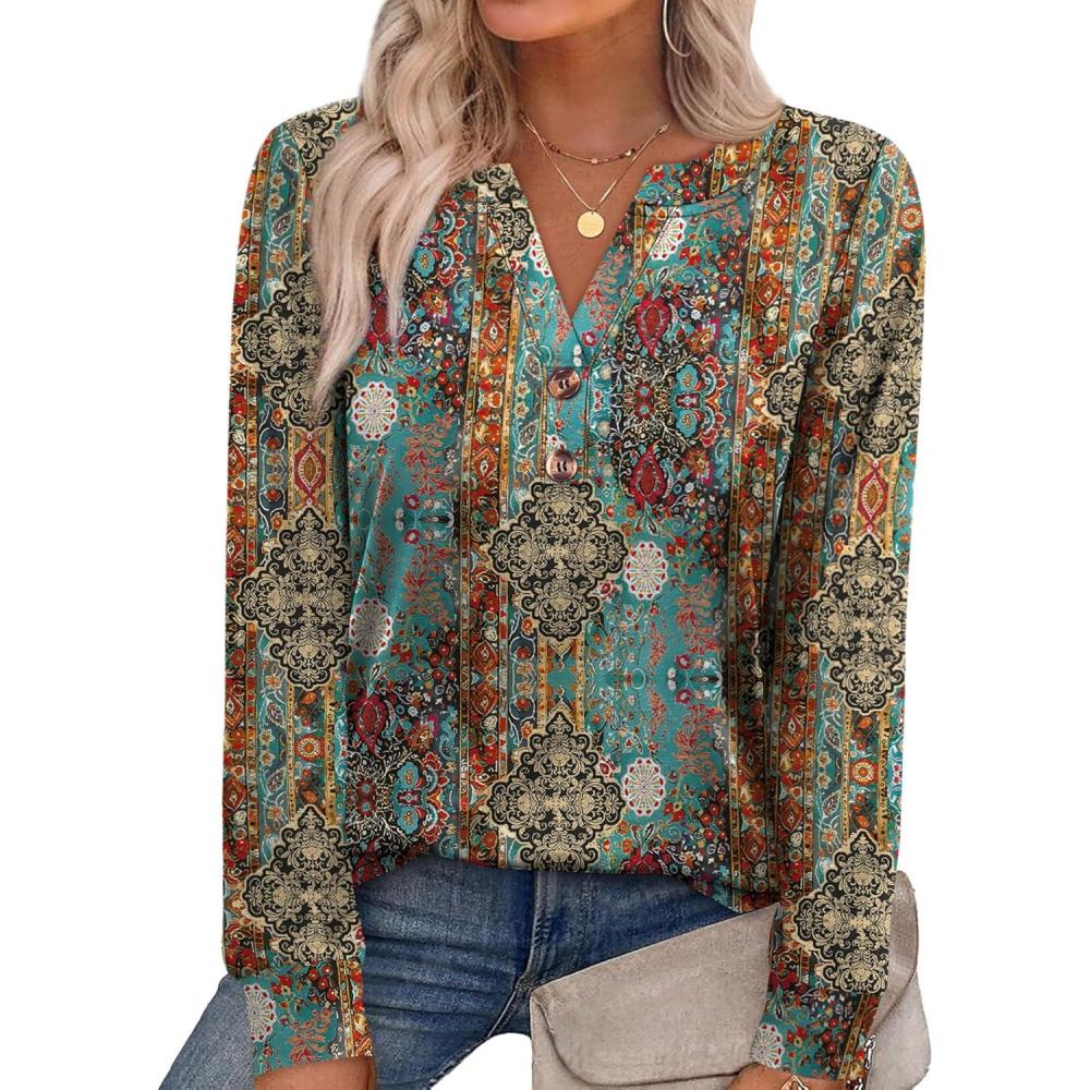 imageXIEERDUO Womens Long Sleeve Shirts Fall Tunic Tops Henley V Neck Blouses Dressy Casual 2025 Winter Trendy ClothesFvintage Boho