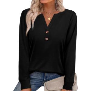 XIEERDUO Womens Long Sleeve Shirts Fall Tunic Tops Henley V Neck Blouses Dressy Casual 2025 Winter Trendy Clothes(A-black)