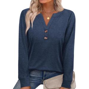 XIEERDUO Womens Long Sleeve Shirts Fall Tunic Tops Henley V Neck Blouses Dressy Casual 2025 Winter Trendy Clothes(A-blue)