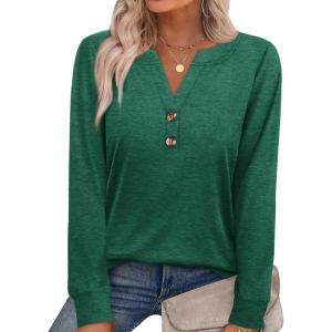 XIEERDUO Womens Long Sleeve Shirts Fall Tunic Tops Henley V Neck Blouses Dressy Casual 2025 Winter Trendy Clothes(A-green)