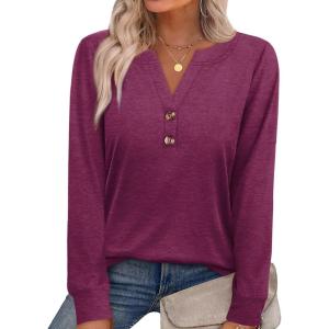 XIEERDUO Womens Long Sleeve Shirts Fall Tunic Tops Henley V Neck Blouses Dressy Casual 2025 Winter Trendy Clothes(A-purple)