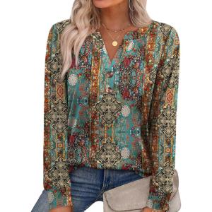 XIEERDUO Womens Long Sleeve Shirts Fall Tunic Tops Henley V Neck Blouses Dressy Casual 2025 Winter Trendy Clothes(F-vintage Boho)