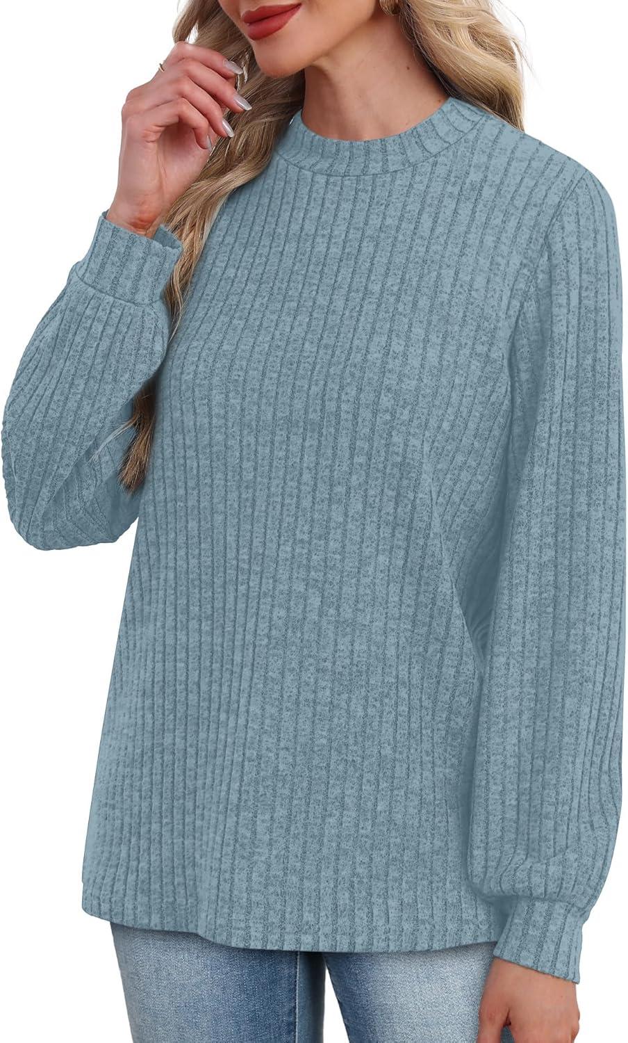 imageXIEERDUO Long Sleeve Shirts For Women Dressy Casual Mock Neck Fall Fashion 2025 Soft Lightweight Tunic SweatersBlue