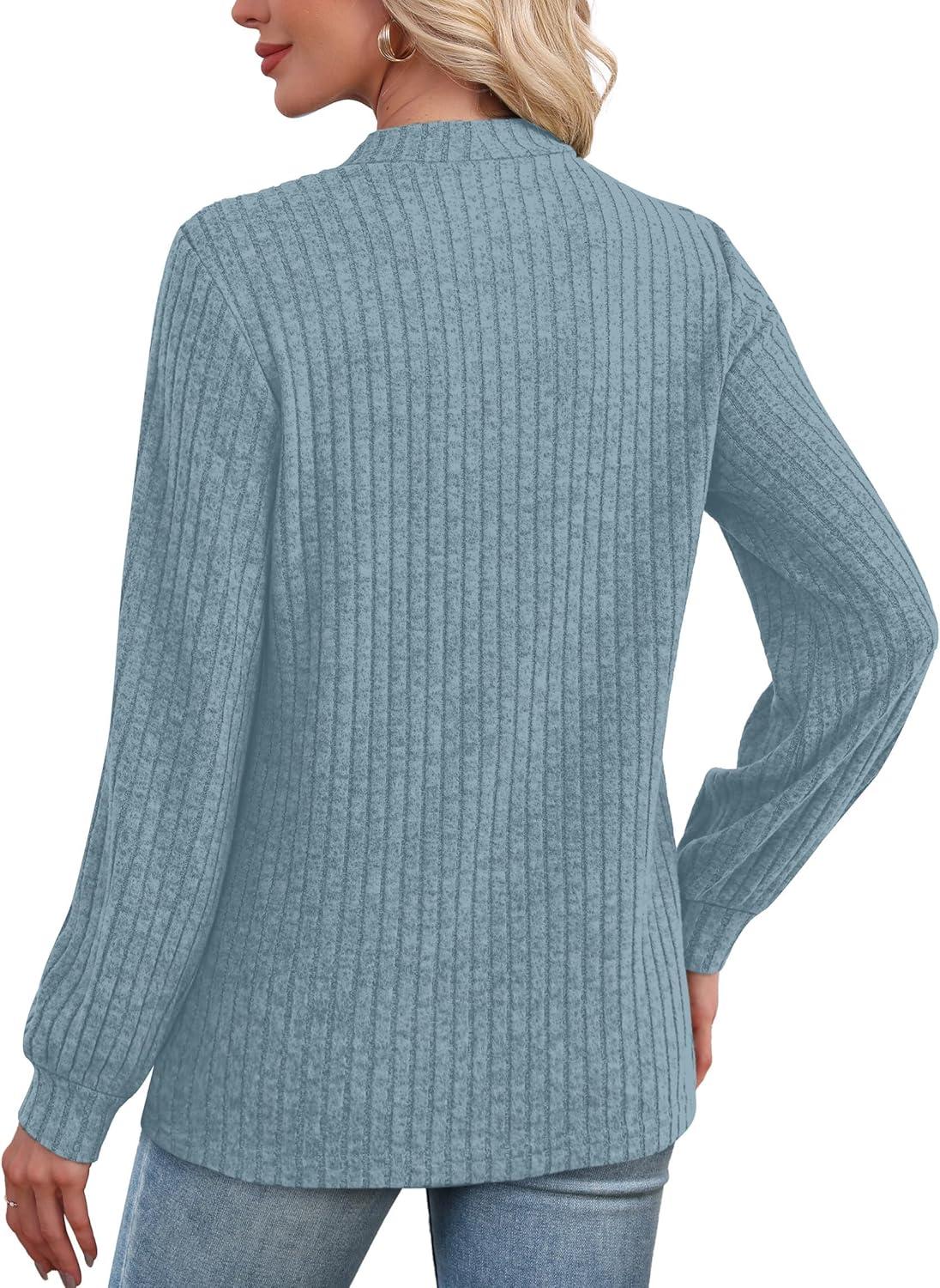 imageXIEERDUO Long Sleeve Shirts For Women Dressy Casual Mock Neck Fall Fashion 2025 Soft Lightweight Tunic SweatersBlue