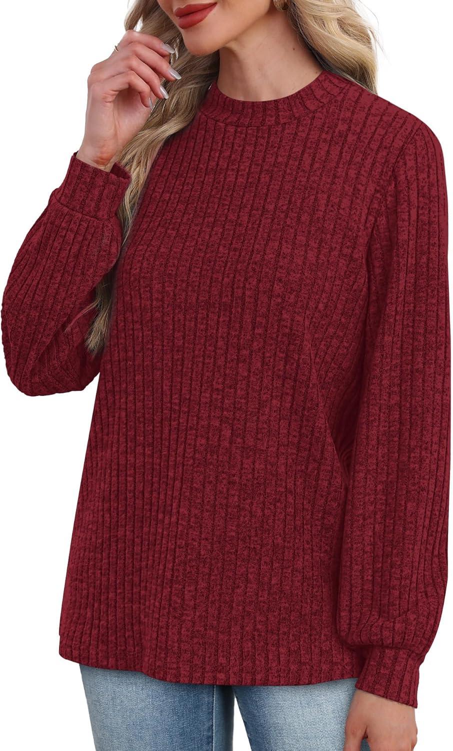 imageXIEERDUO Long Sleeve Shirts For Women Dressy Casual Mock Neck Fall Fashion 2025 Soft Lightweight Tunic SweatersBurgundy