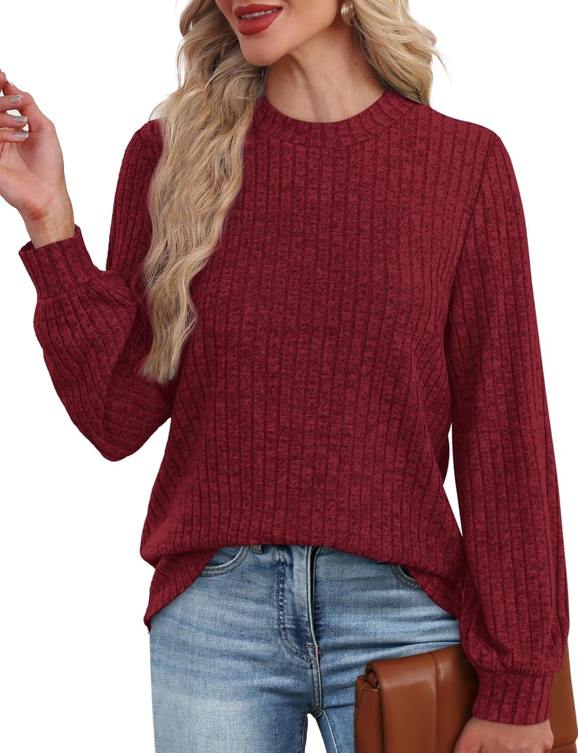 imageXIEERDUO Long Sleeve Shirts For Women Dressy Casual Mock Neck Fall Fashion 2025 Soft Lightweight Tunic SweatersBurgundy
