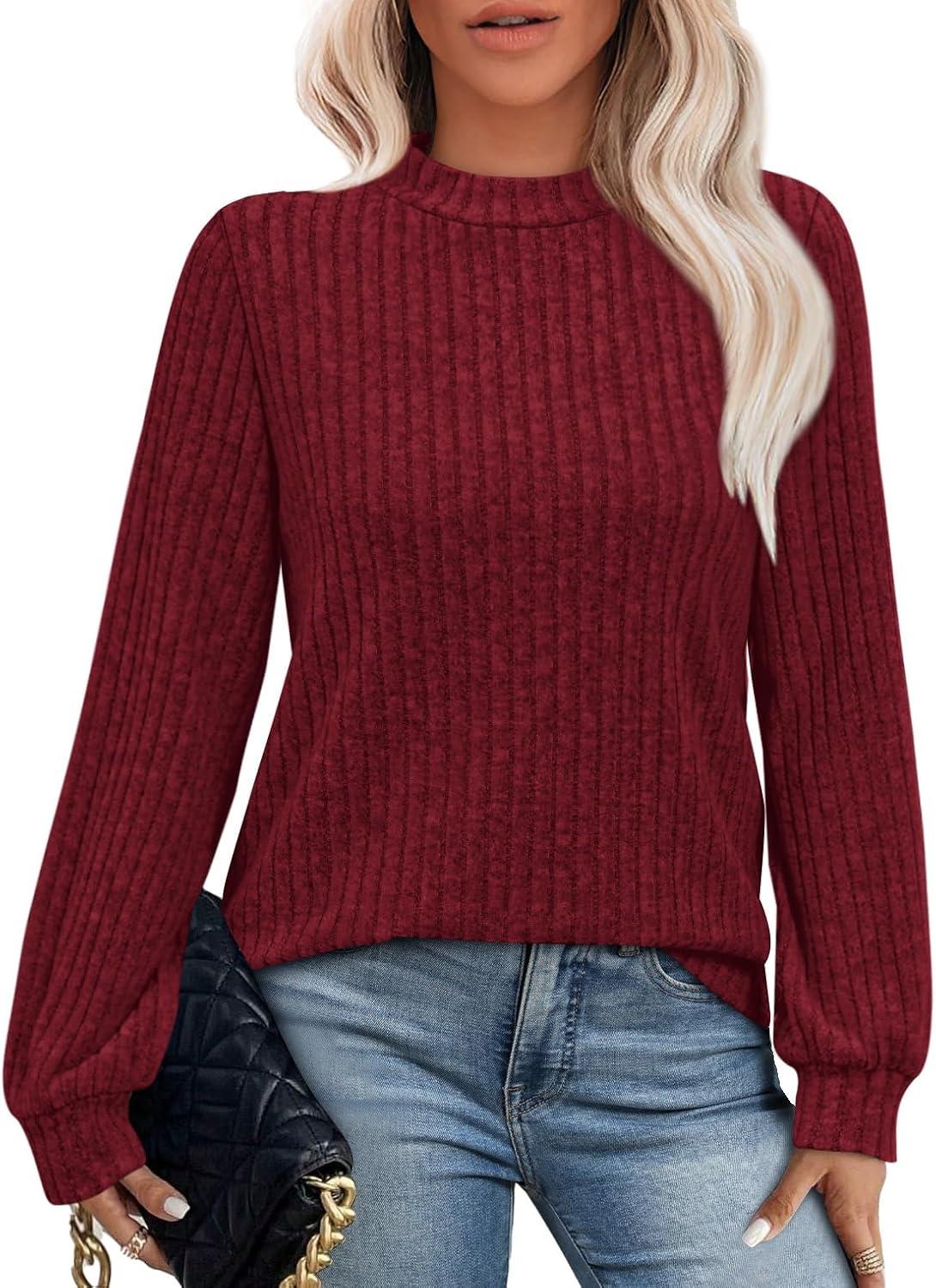 imageXIEERDUO Long Sleeve Shirts For Women Dressy Casual Mock Neck Fall Fashion 2025 Soft Lightweight Tunic SweatersBurgundy