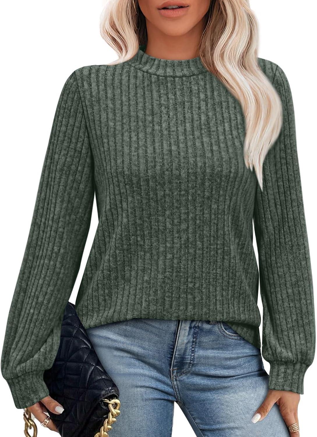 imageXIEERDUO Long Sleeve Shirts For Women Dressy Casual Mock Neck Fall Fashion 2025 Soft Lightweight Tunic SweatersGreen