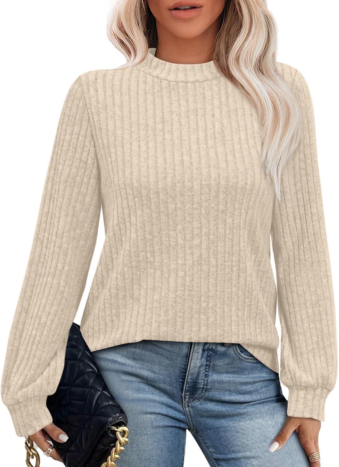 imageXIEERDUO Long Sleeve Shirts For Women Dressy Casual Mock Neck Fall Fashion 2025 Soft Lightweight Tunic SweatersKhaki