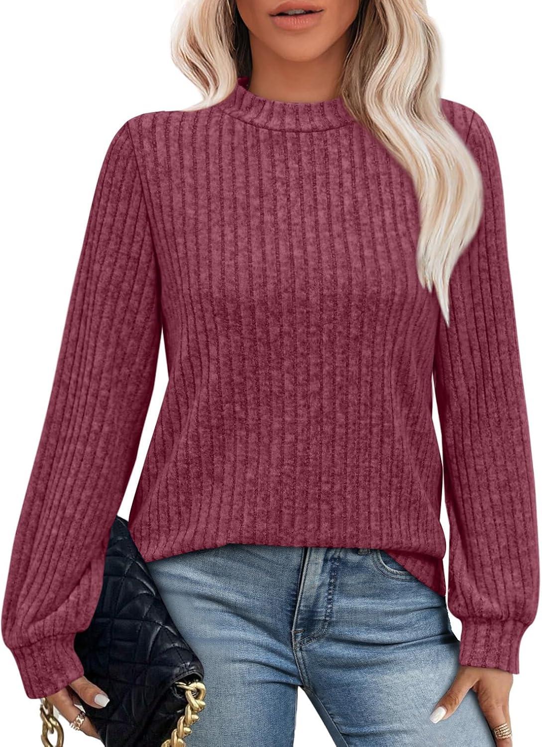 imageXIEERDUO Long Sleeve Shirts For Women Dressy Casual Mock Neck Fall Fashion 2025 Soft Lightweight Tunic SweatersMaroon