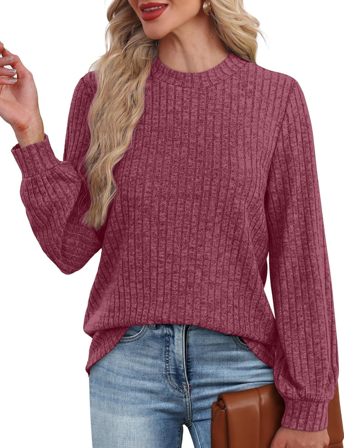 imageXIEERDUO Long Sleeve Shirts For Women Dressy Casual Mock Neck Fall Fashion 2025 Soft Lightweight Tunic SweatersMaroon