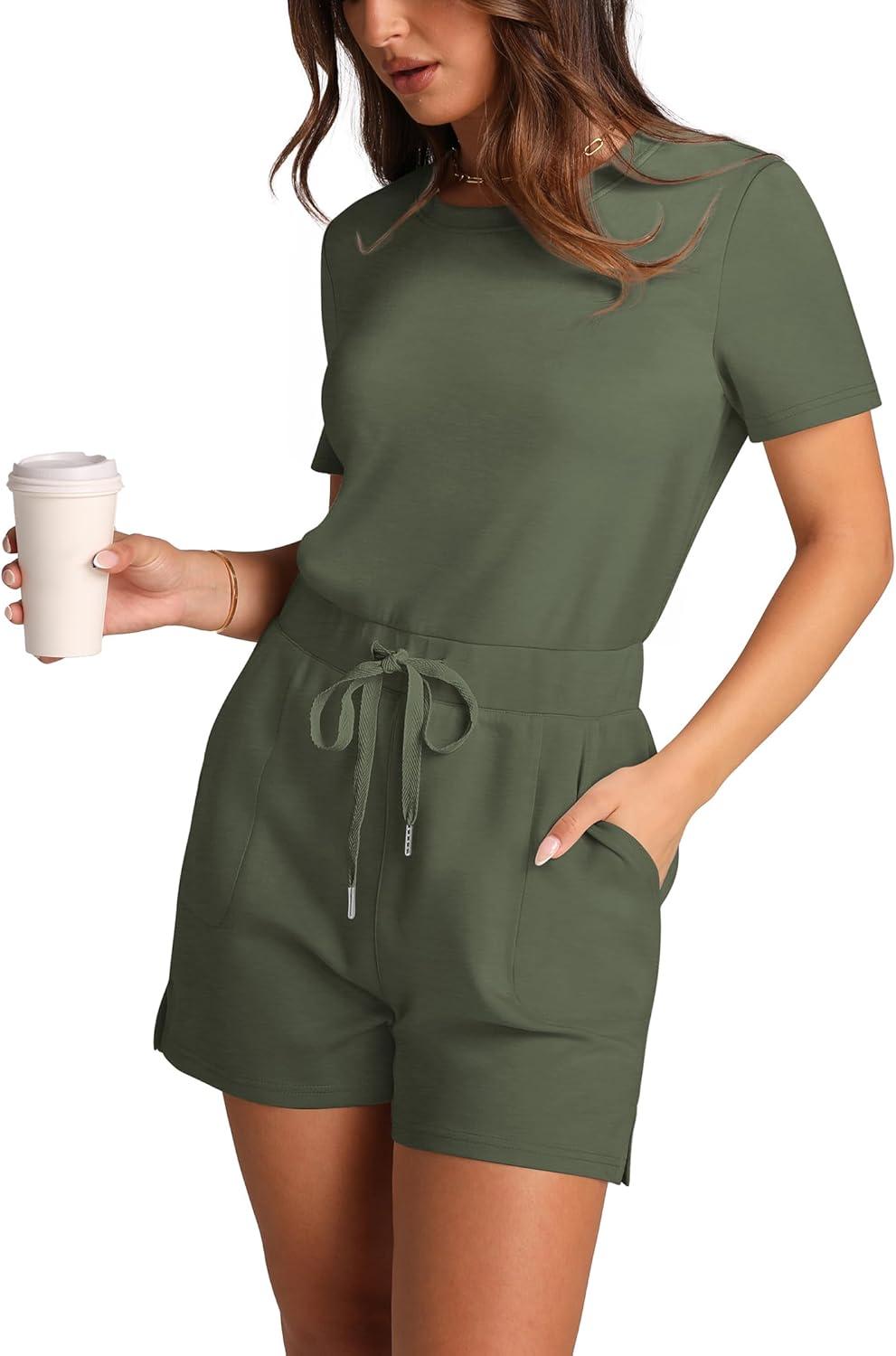 imageXIEERDUO Rompers for Women 2024 One Piece Jumpsuits for Women Shorts Romper Vacation Outfits for Women Grey Olive M