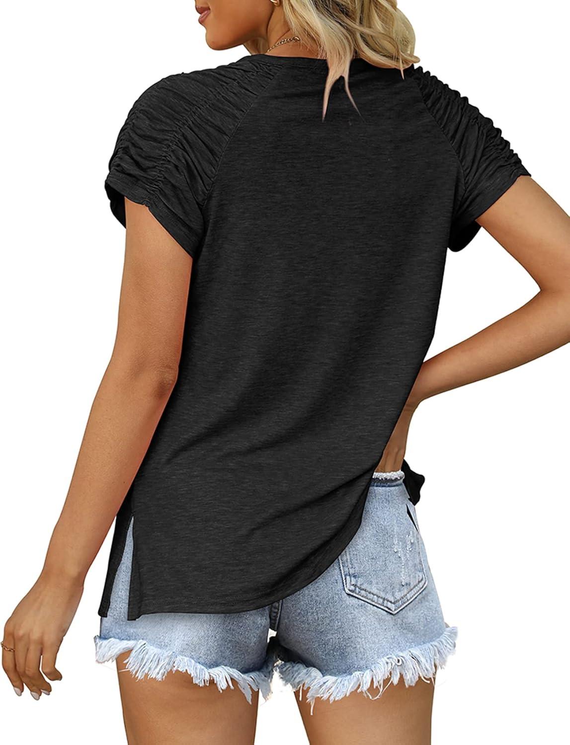 imageXIEERDUO Womens Summer Tops Casual V Neck T Shirts Short Sleeve Shirts Loose Fit Flowy00black