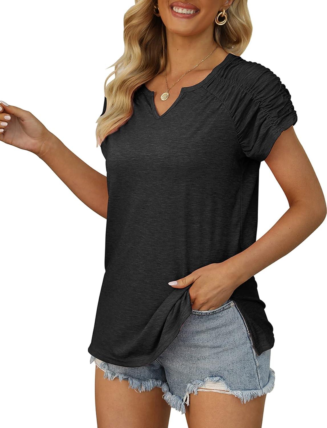 imageXIEERDUO Womens Summer Tops Casual V Neck T Shirts Short Sleeve Shirts Loose Fit Flowy00black