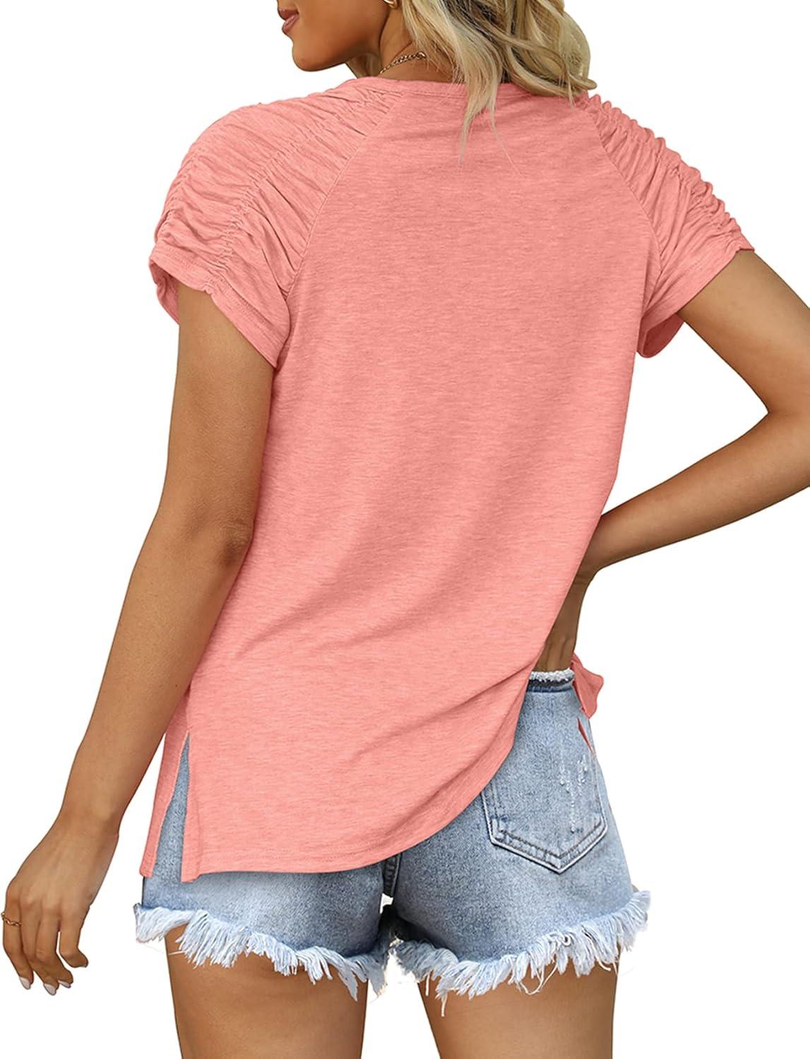 imageXIEERDUO Womens Summer Tops Casual V Neck T Shirts Short Sleeve Shirts Loose Fit Flowy01coral