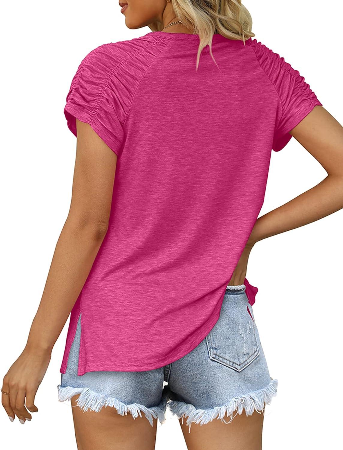 imageXIEERDUO Womens Summer Tops Casual V Neck T Shirts Short Sleeve Shirts Loose Fit Flowy01deep Pink