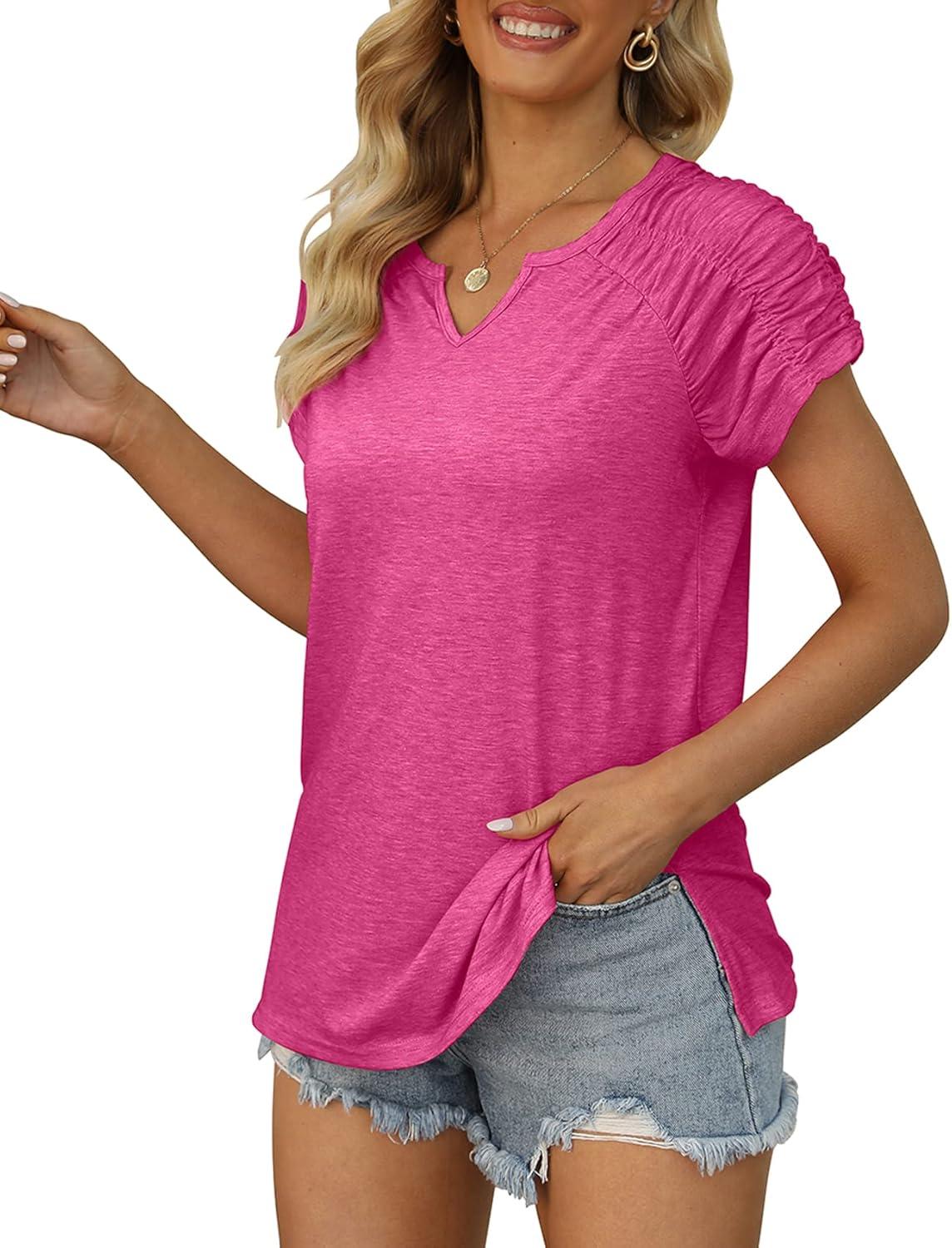 imageXIEERDUO Womens Summer Tops Casual V Neck T Shirts Short Sleeve Shirts Loose Fit Flowy01deep Pink