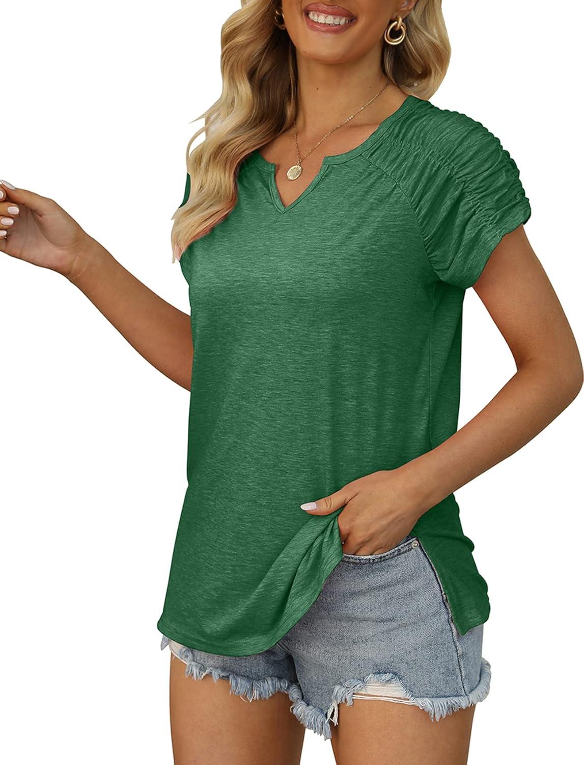 imageXIEERDUO Womens Summer Tops Casual V Neck T Shirts Short Sleeve Shirts Loose Fit Flowy01green