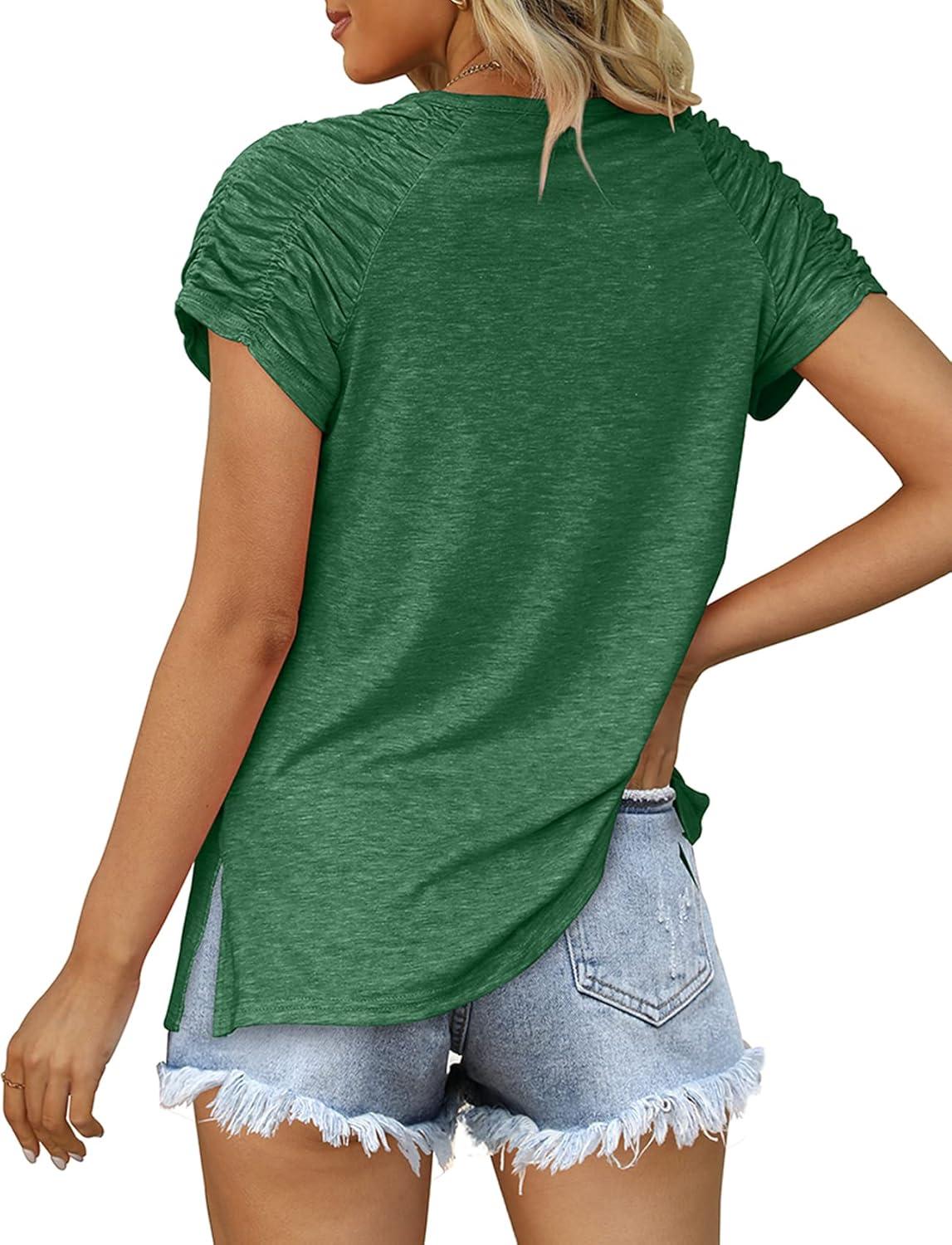 imageXIEERDUO Womens Summer Tops Casual V Neck T Shirts Short Sleeve Shirts Loose Fit Flowy01green