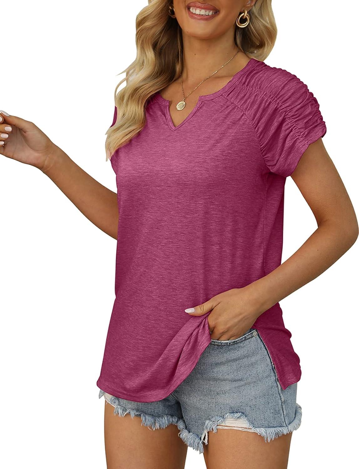 imageXIEERDUO Womens Summer Tops Casual V Neck T Shirts Short Sleeve Shirts Loose Fit Flowy01maroon