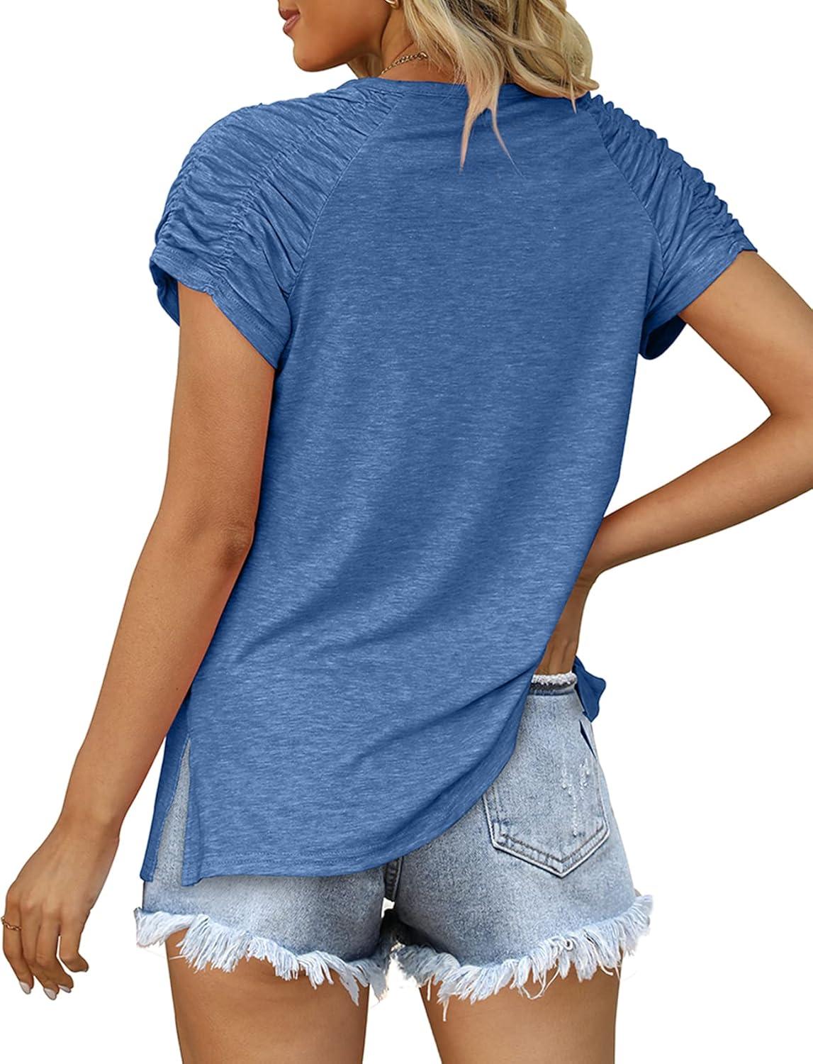 imageXIEERDUO Womens Summer Tops Casual V Neck T Shirts Short Sleeve Shirts Loose Fit Flowy02blue