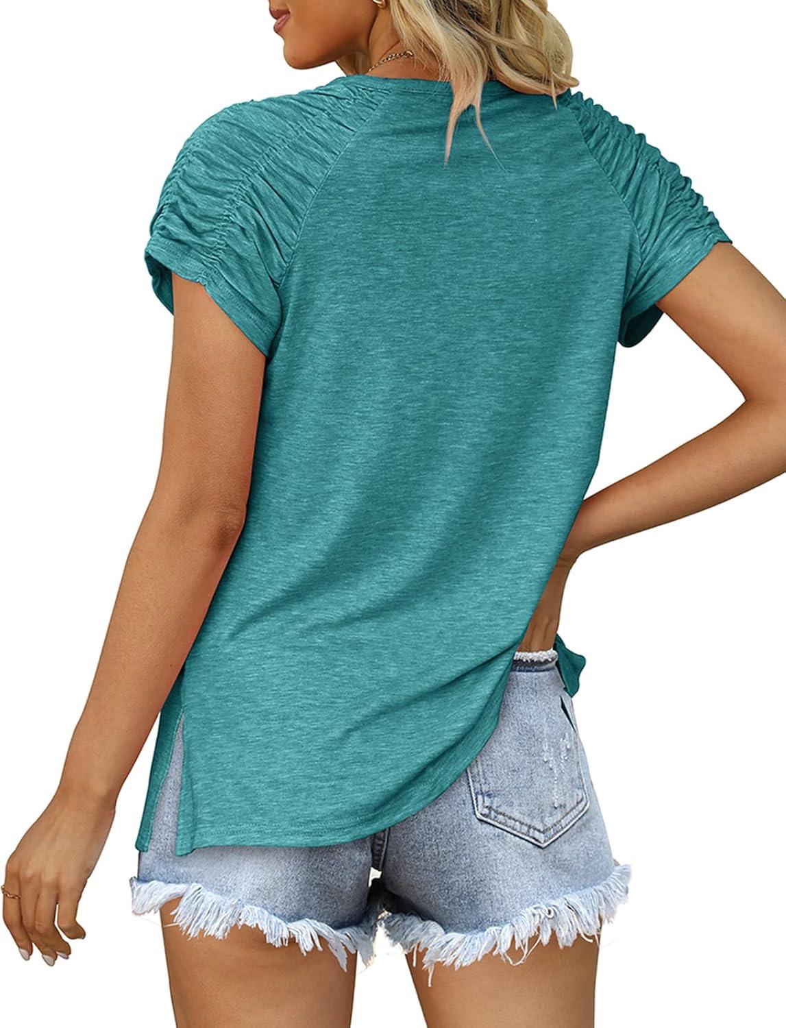 imageXIEERDUO Womens Summer Tops Casual V Neck T Shirts Short Sleeve Shirts Loose Fit Flowy02gray Green