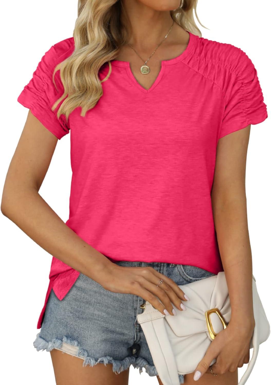 imageXIEERDUO Womens Summer Tops Casual V Neck T Shirts Short Sleeve Shirts Loose Fit Flowy02light Pink