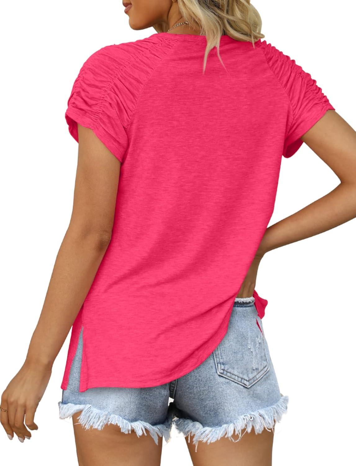 imageXIEERDUO Womens Summer Tops Casual V Neck T Shirts Short Sleeve Shirts Loose Fit Flowy02light Pink
