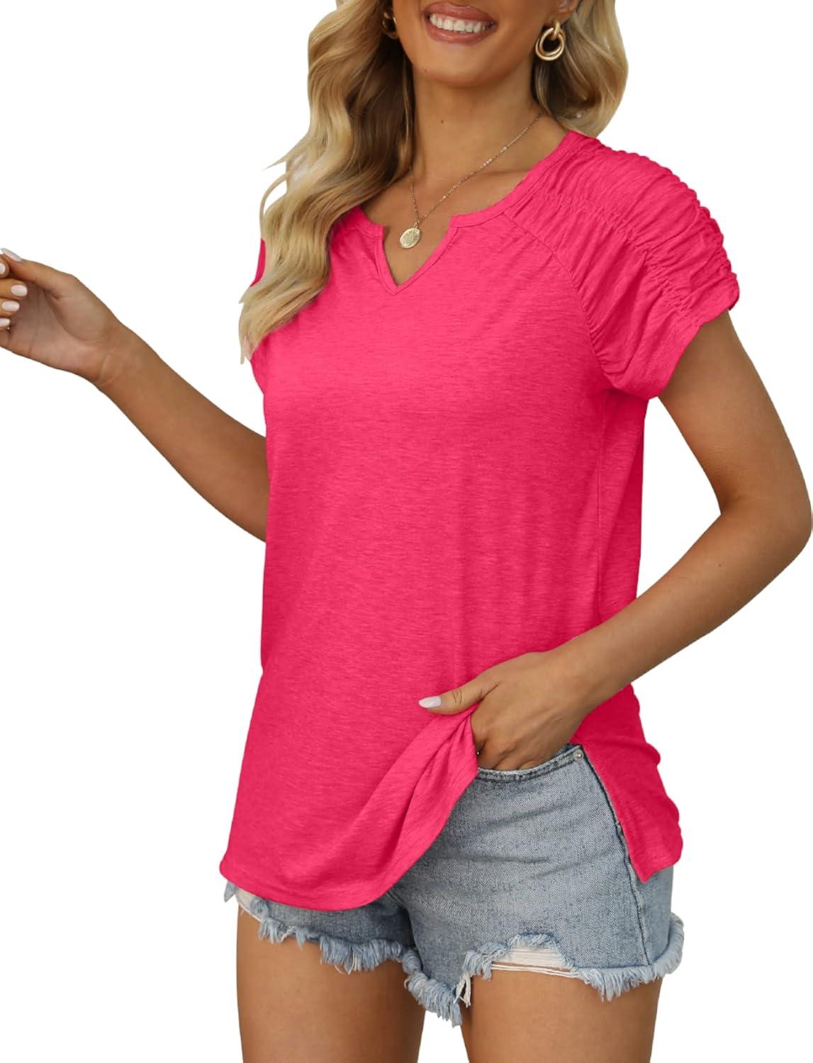 imageXIEERDUO Womens Summer Tops Casual V Neck T Shirts Short Sleeve Shirts Loose Fit Flowy02light Pink