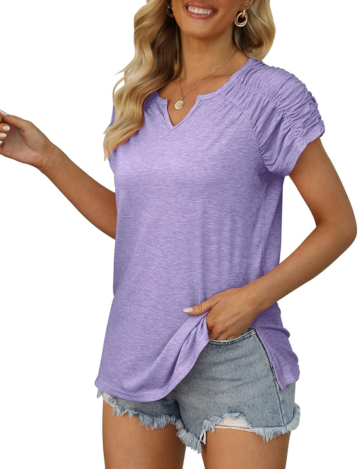 imageXIEERDUO Womens Summer Tops Casual V Neck T Shirts Short Sleeve Shirts Loose Fit Flowy02purple