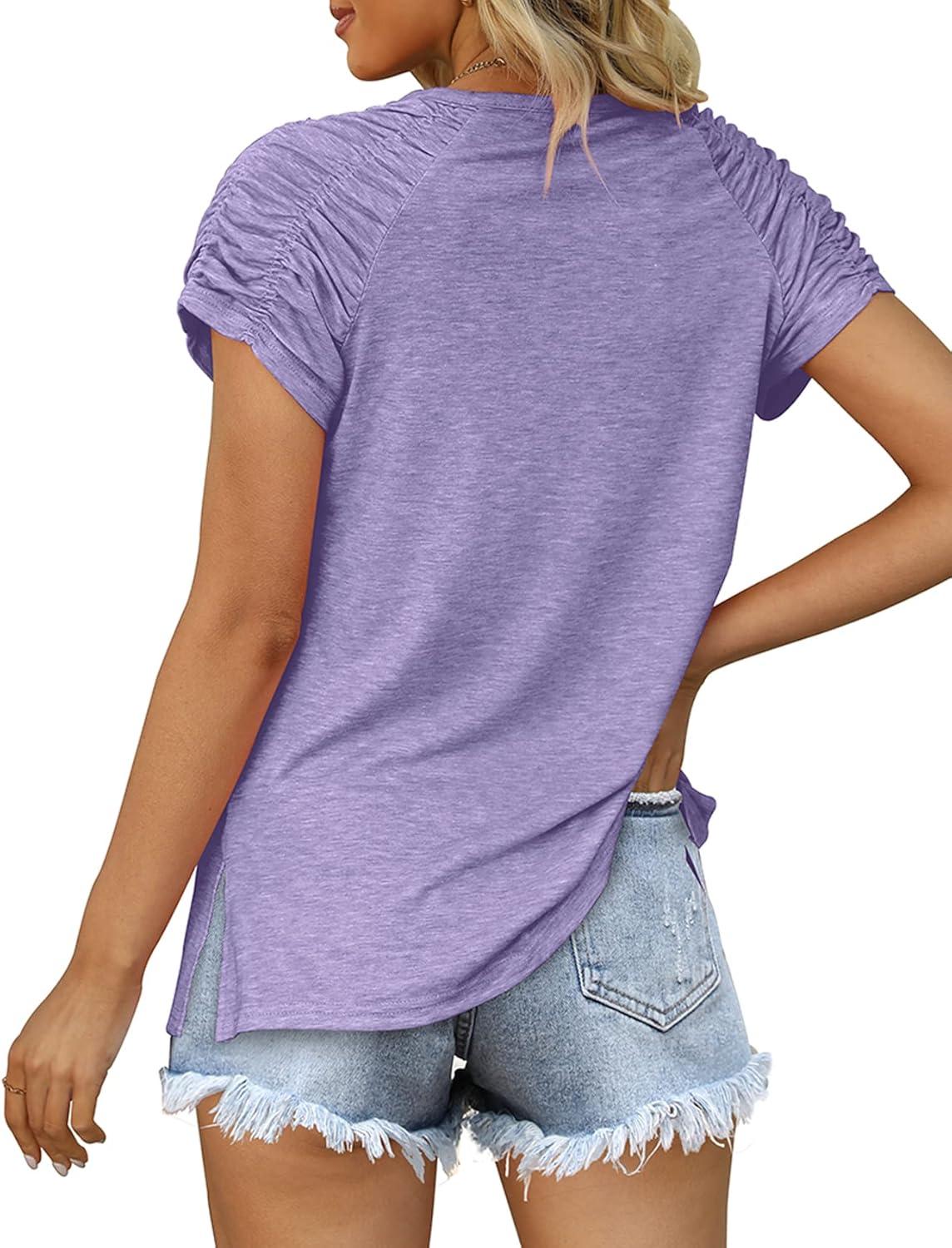 imageXIEERDUO Womens Summer Tops Casual V Neck T Shirts Short Sleeve Shirts Loose Fit Flowy02purple