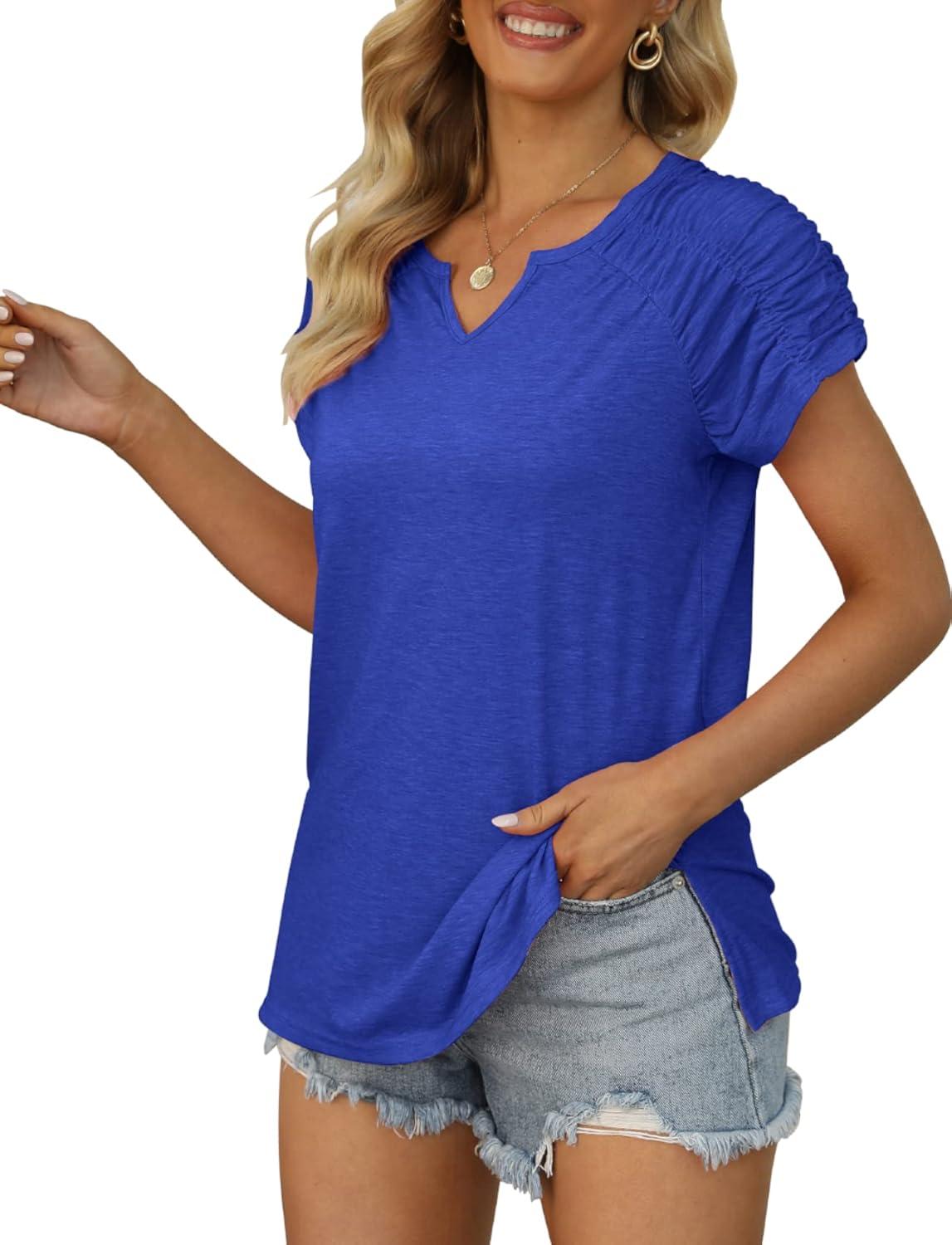 imageXIEERDUO Womens Summer Tops Casual V Neck T Shirts Short Sleeve Shirts Loose Fit Flowy02royal Blue