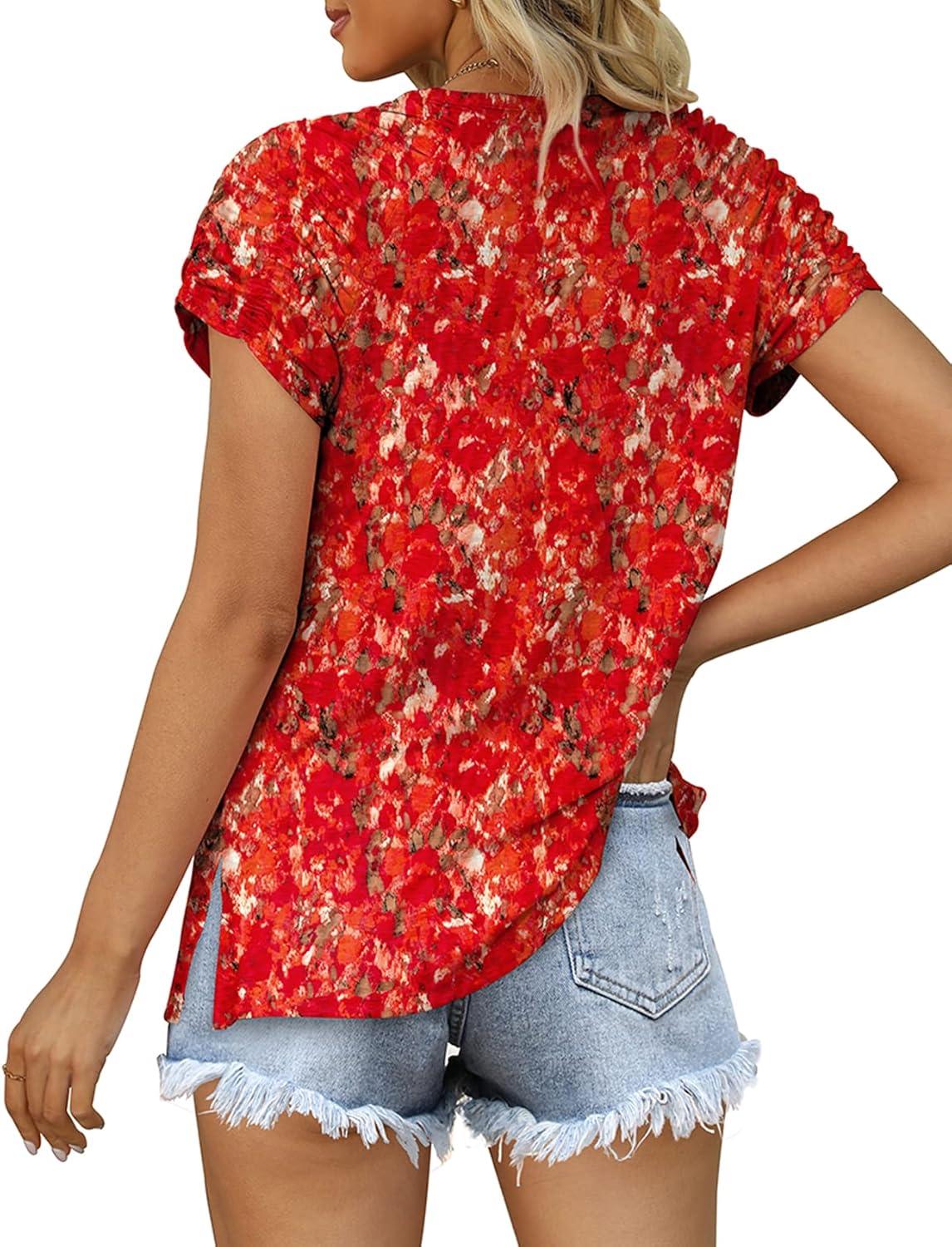 imageXIEERDUO Womens Summer Tops Casual V Neck T Shirts Short Sleeve Shirts Loose Fit Flowy03orange Print