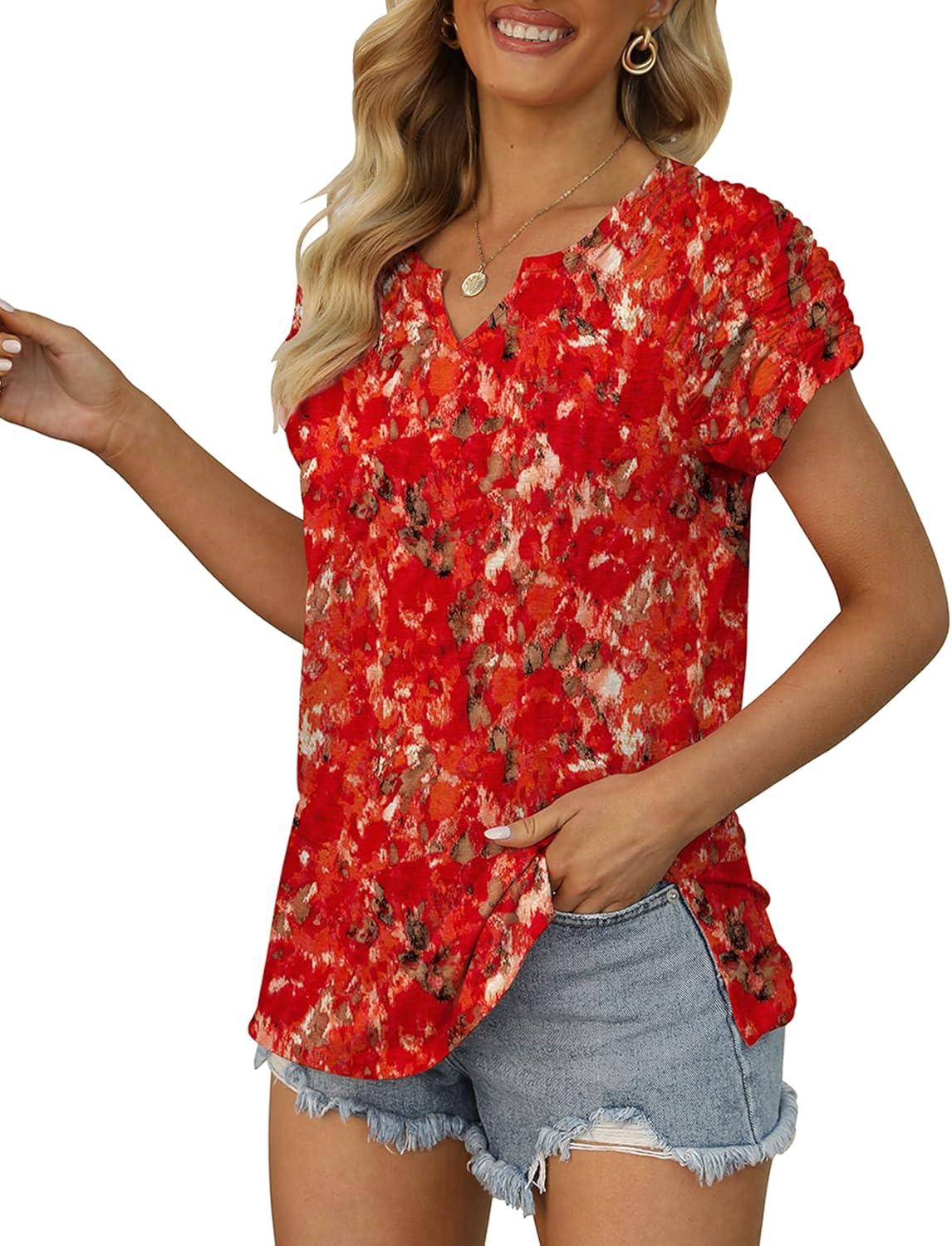 imageXIEERDUO Womens Summer Tops Casual V Neck T Shirts Short Sleeve Shirts Loose Fit Flowy03orange Print