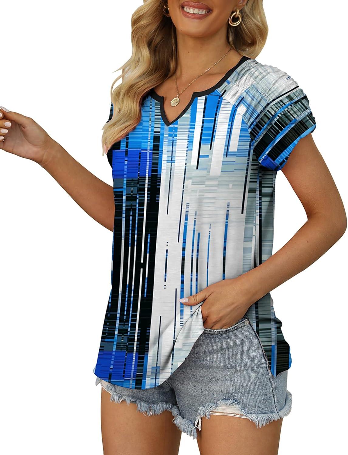 imageXIEERDUO Womens Summer Tops Casual V Neck T Shirts Short Sleeve Shirts Loose Fit FlowyZ Blue Black Line
