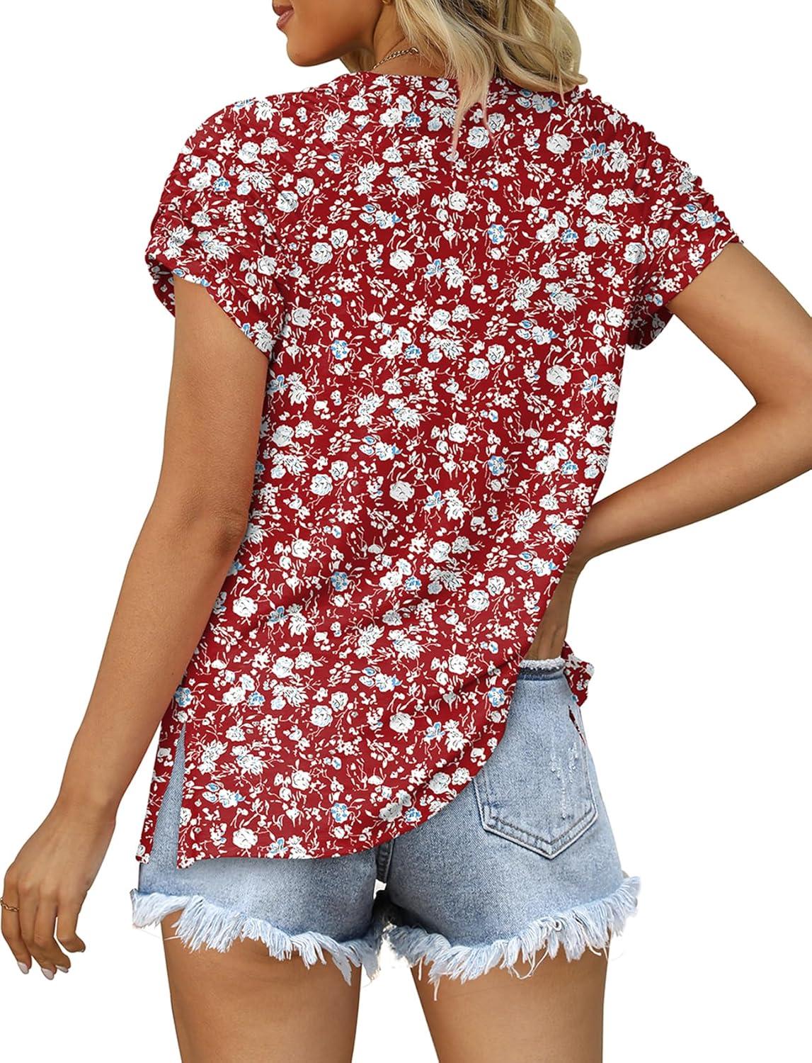 imageXIEERDUO Womens Summer Tops Casual V Neck T Shirts Short Sleeve Shirts Loose Fit FlowyZ Floral Wine