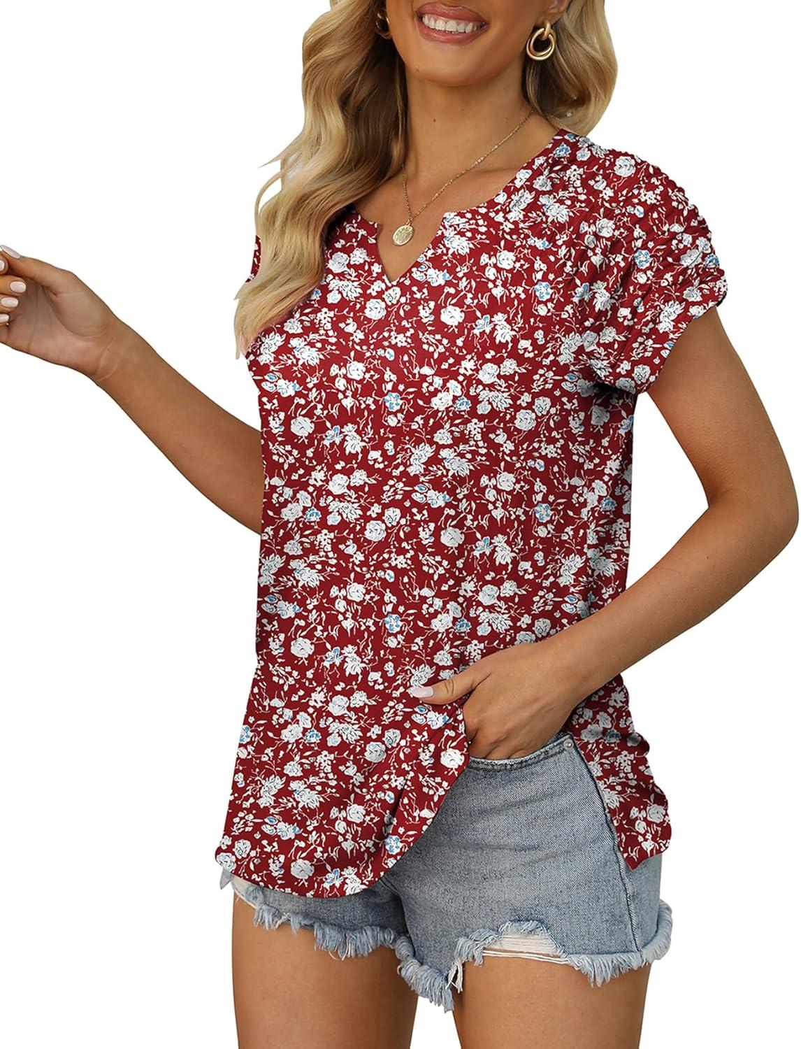 imageXIEERDUO Womens Summer Tops Casual V Neck T Shirts Short Sleeve Shirts Loose Fit FlowyZ Floral Wine